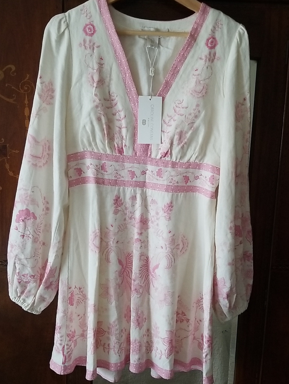 NEW!🌸 Caroline Constas🌸 Cream Dress with Pink Floral Trim